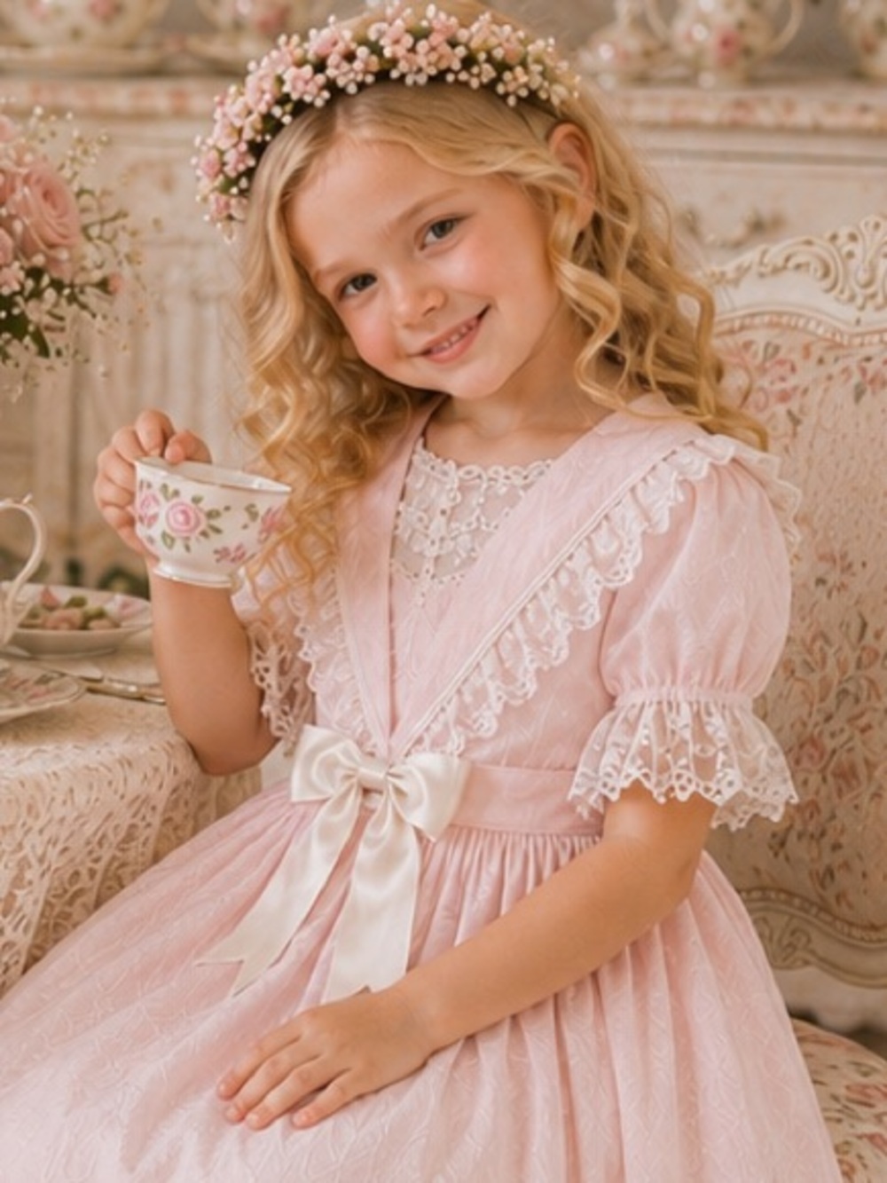 Handmade Pink Prairie Heirloom Dress Girls Size 4X Cottagecore Lace Maxi Dress